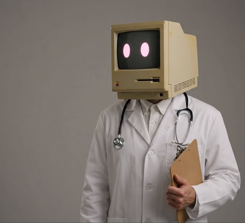 El sistema de salud: un medico con cabeza de monitor antiguo emite su veredicto